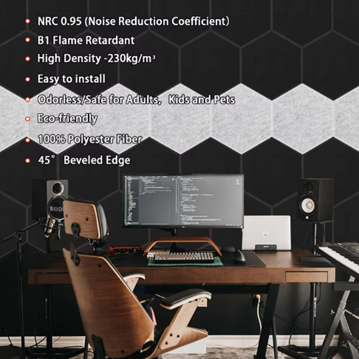 Acoustic Panels Self-adhesive Hexagon Rigid Fiber Black 6 panels