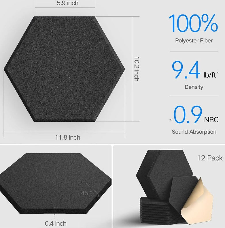 Acoustic Panels Self-adhesive Hexagon Rigid Fiber Black 6 panels