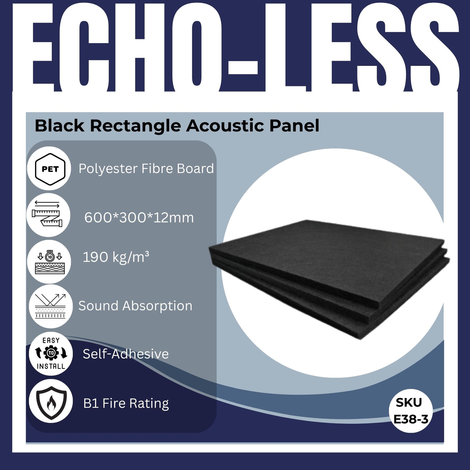 Echo-Less Acoustic Panels Rectangle  60x30cm Polyester Fibre Black 3 pack