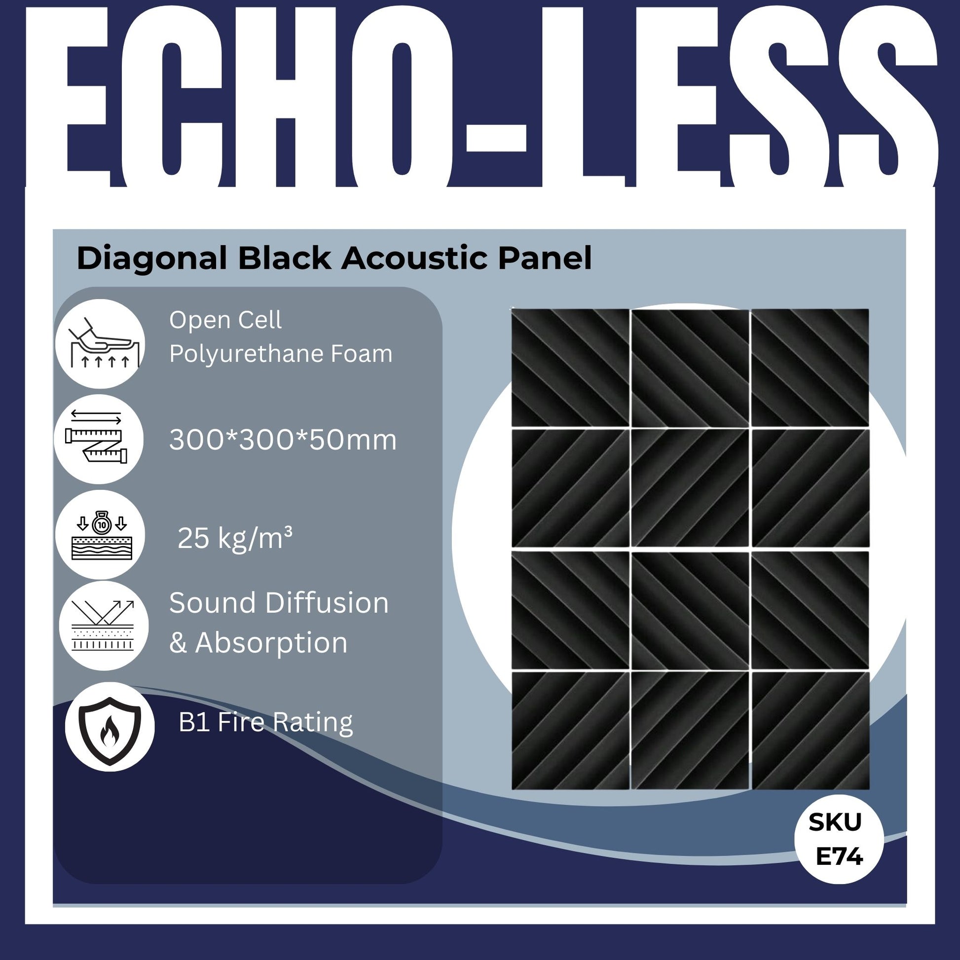Echo-Less Diagonal Acoustic Foam Panels Black - 12 pack