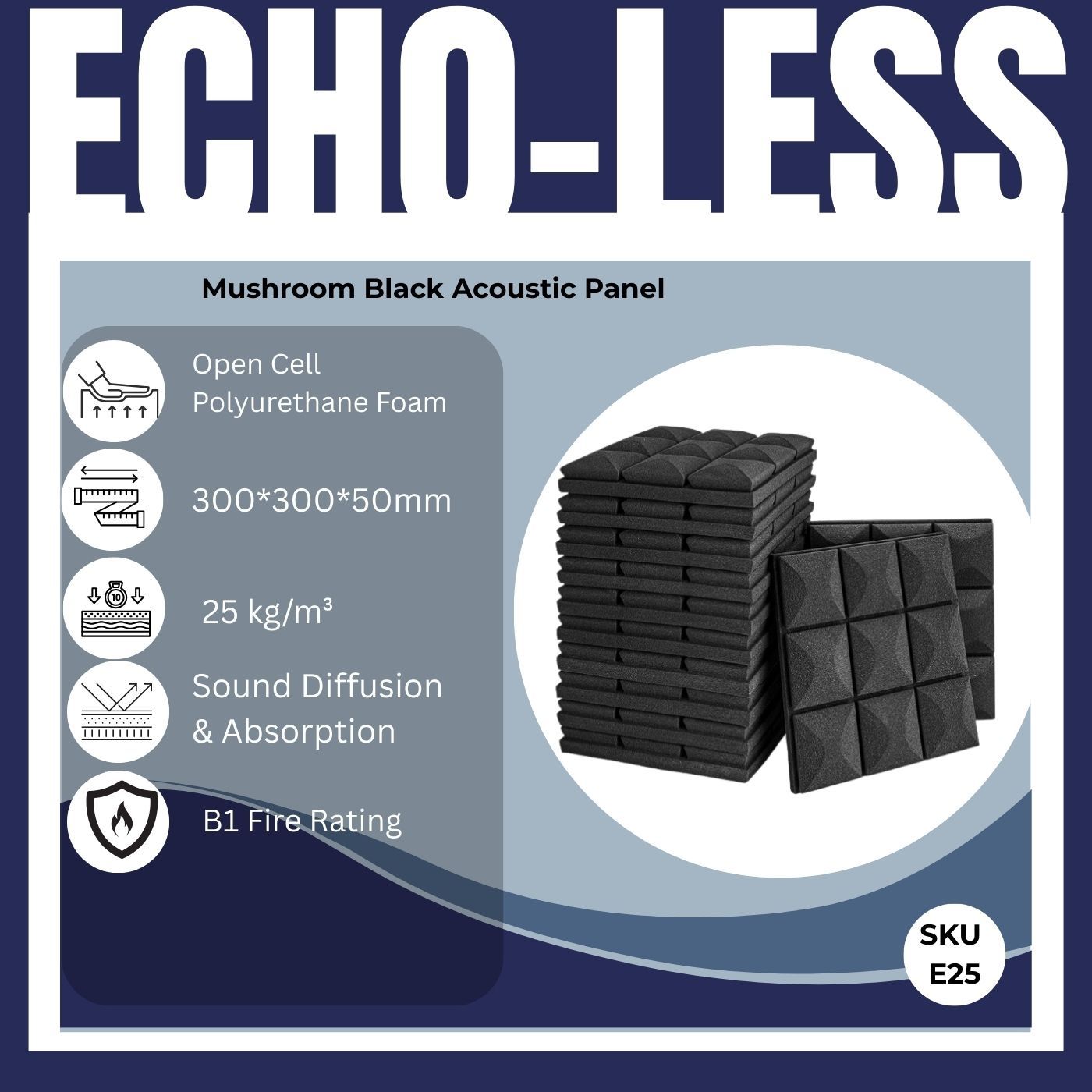 Acoustic Foam+ Echo-Less Panels Black Mushroom 30x30x5cm (Pack of 12)