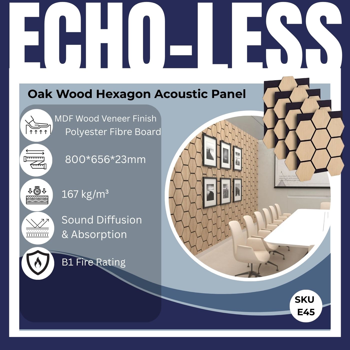 Echo-Less Advertisement for Oak Wood Hexagon Acoustic Panel with product details and installation example.