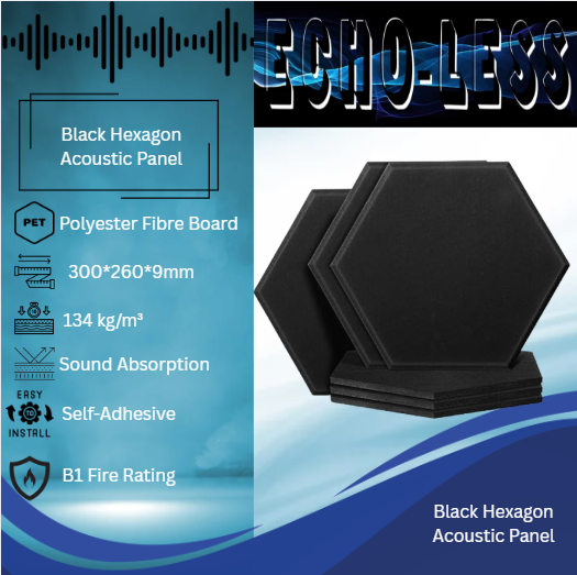 Echo-Less Self-Adhesive Hexagon Polyester Fibre Acoustic Panels - 6 Pack