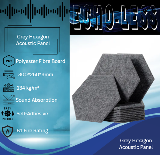 Echo-Less Self-Adhesive Hexagon Polyester Fibre Acoustic Panels Grey 12 panels