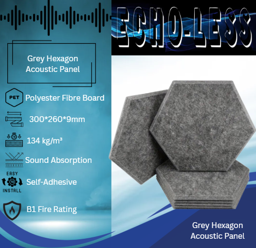 Echo-Less Self-Adhesive Hexagon Polyester Fibre Acoustic Panels Grey 6 panels