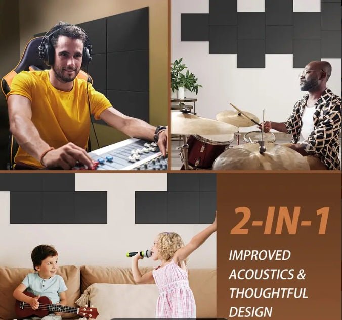 Acoustic Panels Self - adhesive Square Rigid Fiber Black - 6 pieces - Echo - Less